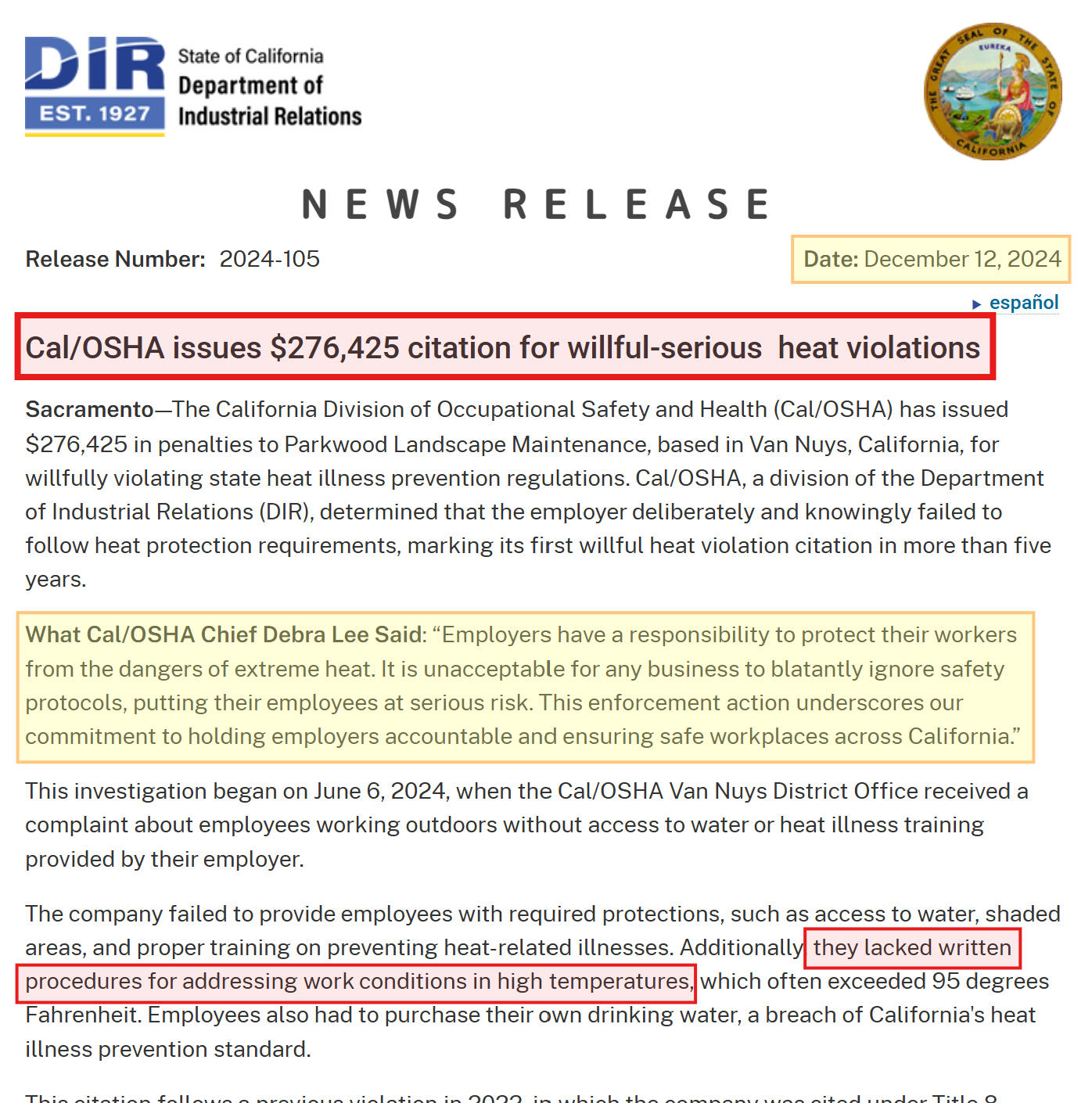 Cal/OSHA issues $276,425 citation for willful-serious heat violations